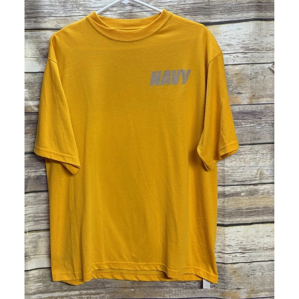 US Navy Men's Large T-Shirt Mustard MJ Soffe Graphic Spellout Short Sleeve